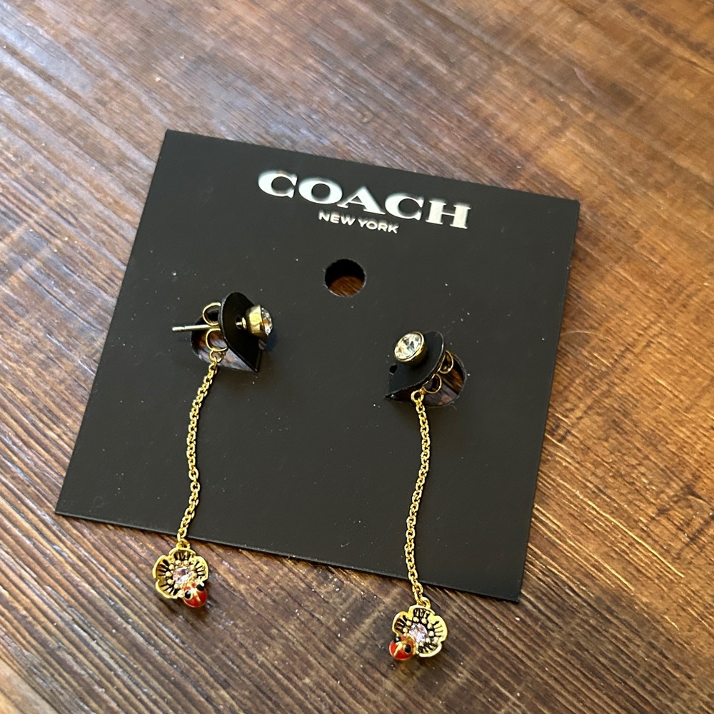 Coach Gold Chain Dangle Earrings with CZ posts and ladybug Accents